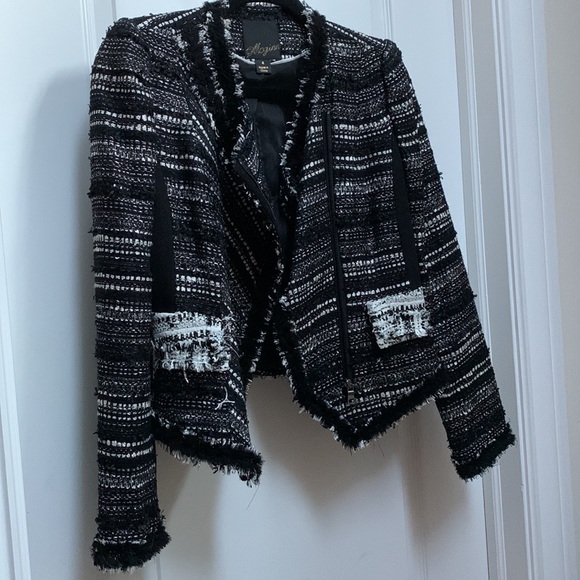 Mcginn Black White Tweed Boucle Metallic Moto Crop Fray Raw Edge Blazer Jacket - Picture 5 of 16